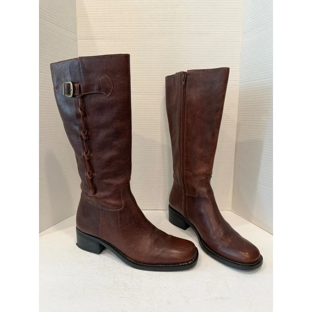 NICOLE Brown Leather Braided Buckle Tall Equestrian Zip Up Riding Boots 9.5M
